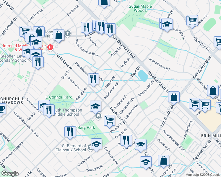 map of restaurants, bars, coffee shops, grocery stores, and more near 3155 Southwind Road in Mississauga