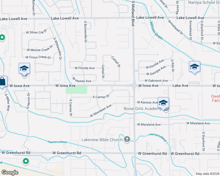 map of restaurants, bars, coffee shops, grocery stores, and more near 1507 South Willow Creek Way in Nampa