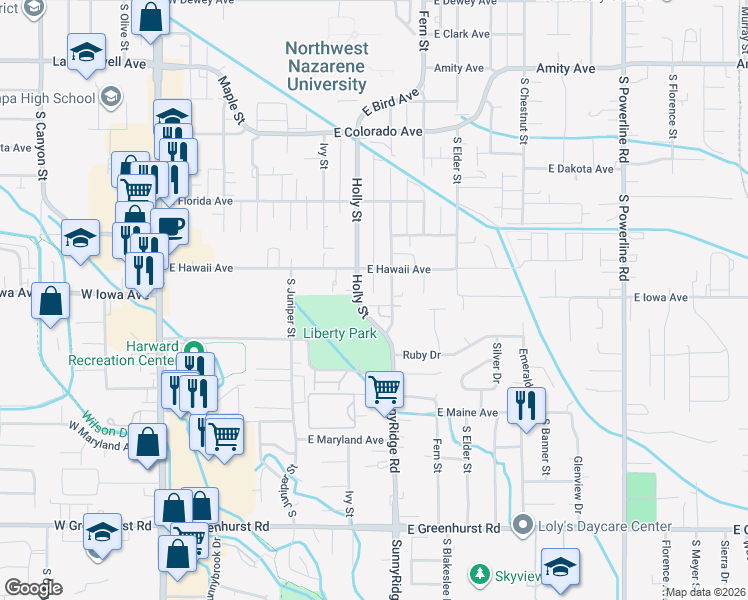 map of restaurants, bars, coffee shops, grocery stores, and more near 1513 South Garland Street in Nampa