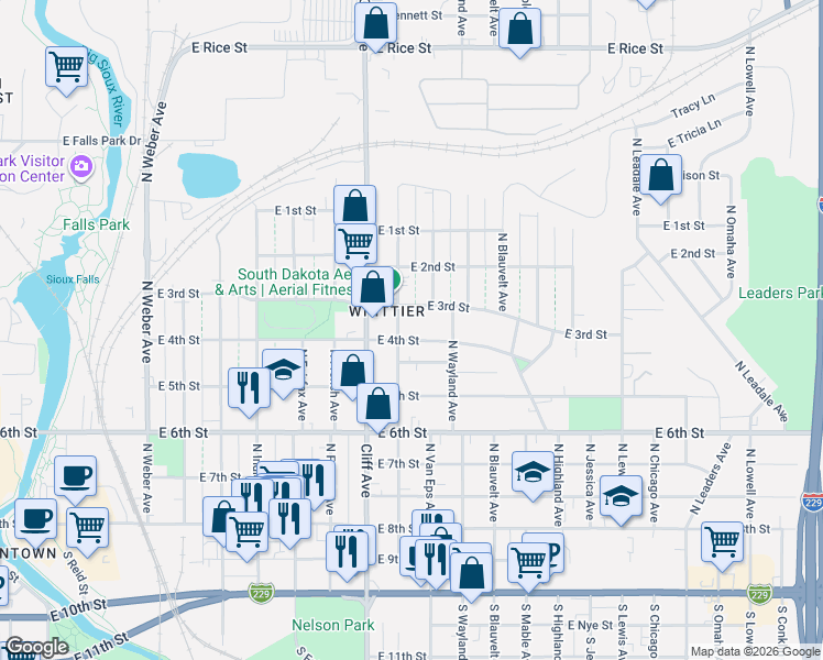 map of restaurants, bars, coffee shops, grocery stores, and more near 1300-1398 E 4th St in Sioux Falls