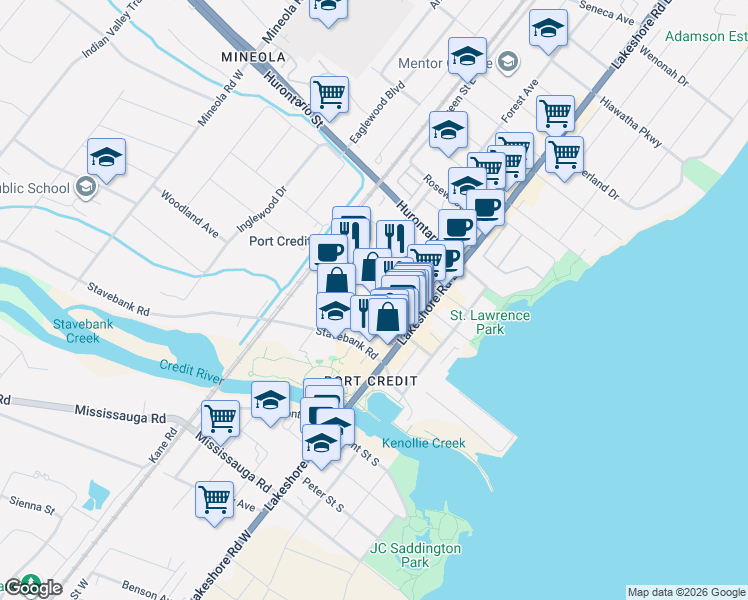map of restaurants, bars, coffee shops, grocery stores, and more near 15 Elizabeth Street North in Mississauga