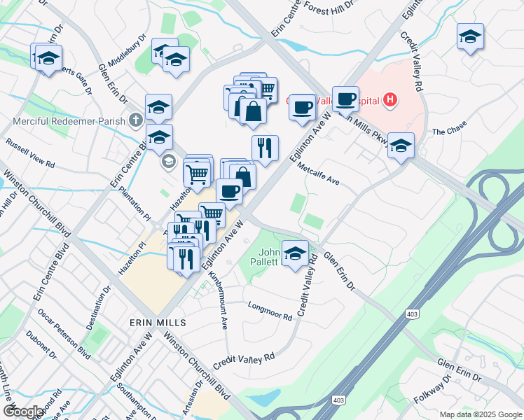map of restaurants, bars, coffee shops, grocery stores, and more near 4633 Glen Erin Drive in Mississauga