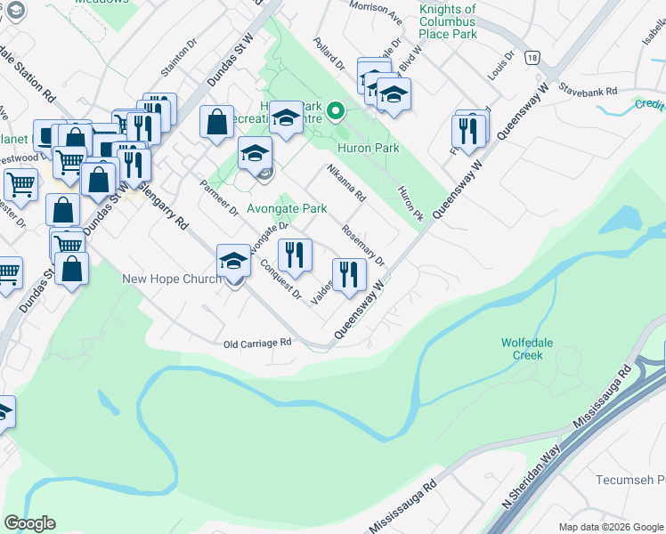 map of restaurants, bars, coffee shops, grocery stores, and more near 981 Valdese Drive in Mississauga
