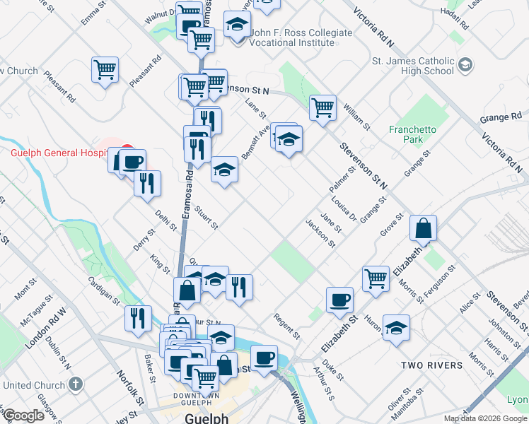 map of restaurants, bars, coffee shops, grocery stores, and more near 75 Metcalfe Street in Guelph