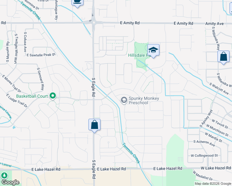 map of restaurants, bars, coffee shops, grocery stores, and more near 3417 East Woodville Drive in Meridian