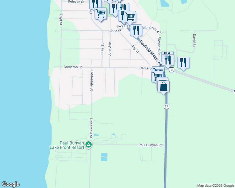 map of restaurants, bars, coffee shops, grocery stores, and more near 27 George Street in Huron County