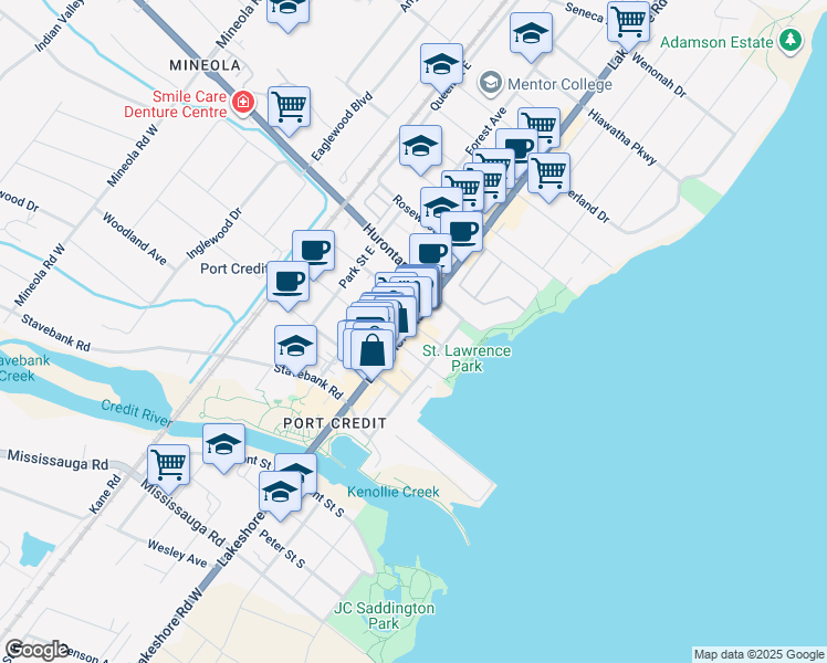 map of restaurants, bars, coffee shops, grocery stores, and more near 125 Lakeshore Road East in Mississauga
