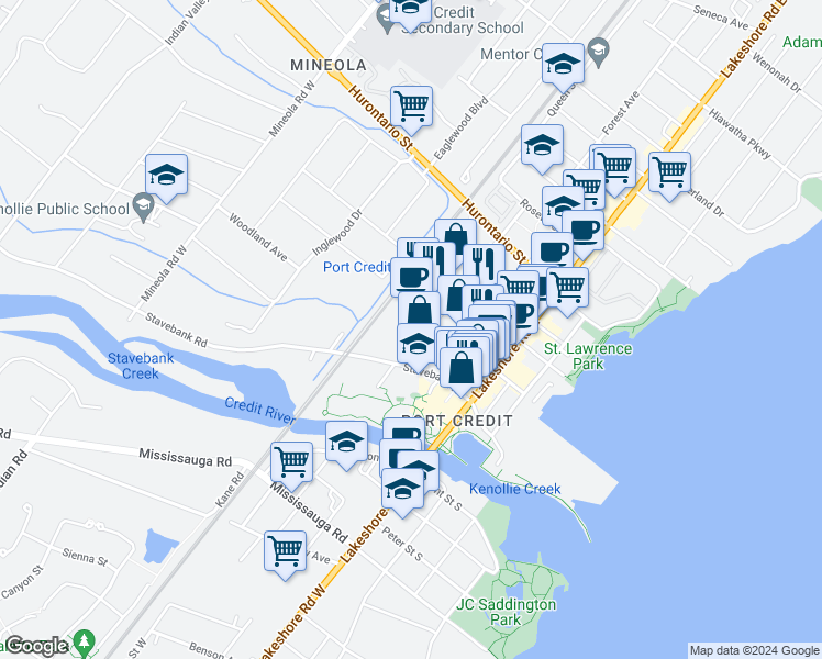 map of restaurants, bars, coffee shops, grocery stores, and more near 28 Elizabeth Street North in Mississauga