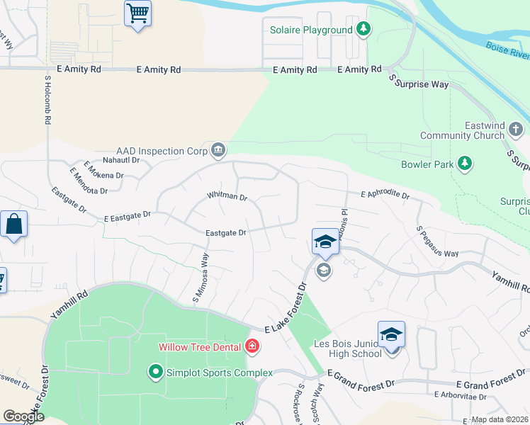 map of restaurants, bars, coffee shops, grocery stores, and more near 3491 Whitman Drive in Boise
