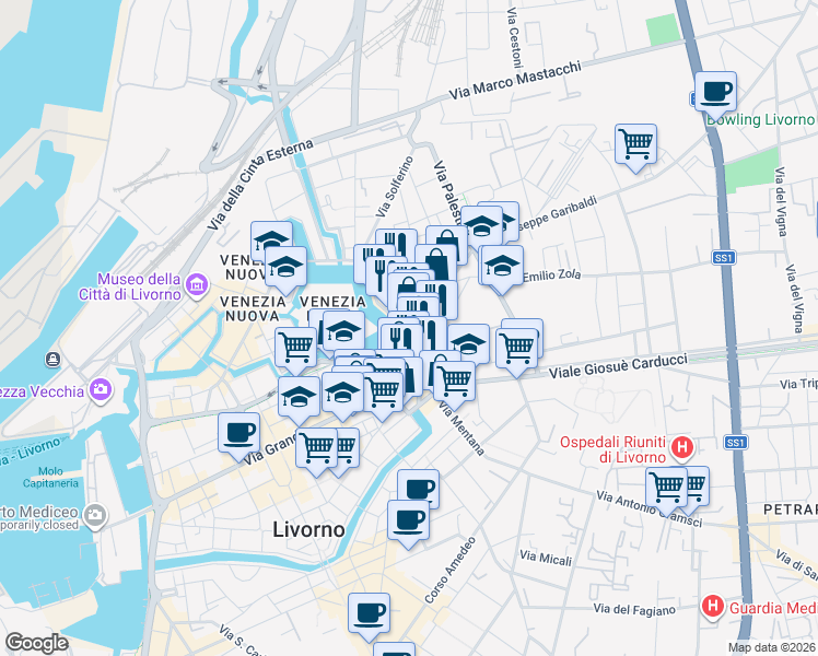 map of restaurants, bars, coffee shops, grocery stores, and more near 24 Via Giuseppe Garibaldi in Livorno