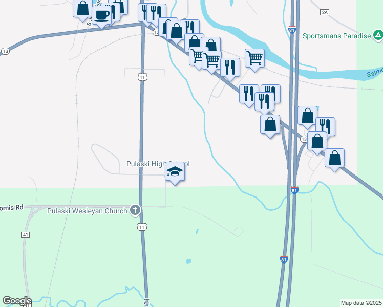 map of restaurants, bars, coffee shops, grocery stores, and more near 4624 Salina Street in Pulaski