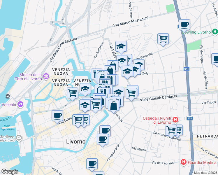 map of restaurants, bars, coffee shops, grocery stores, and more near 59 Via Terrazzini in Livorno