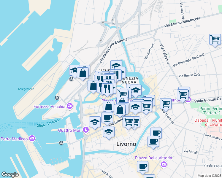 map of restaurants, bars, coffee shops, grocery stores, and more near 34 Via Borra in Livorno