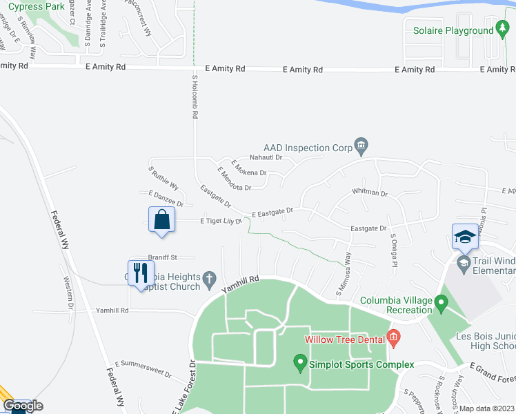 map of restaurants, bars, coffee shops, grocery stores, and more near 2746 Eastgate Drive in Boise