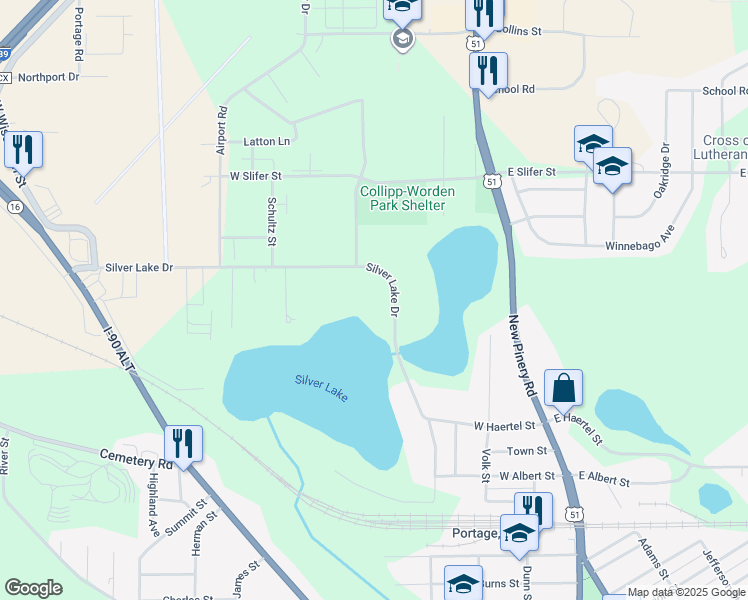 map of restaurants, bars, coffee shops, grocery stores, and more near 622 Silver Lake Drive in Portage