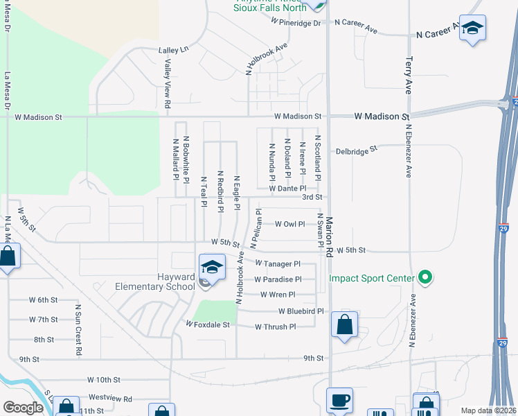 map of restaurants, bars, coffee shops, grocery stores, and more near 5999 West Falcon Place in Sioux Falls