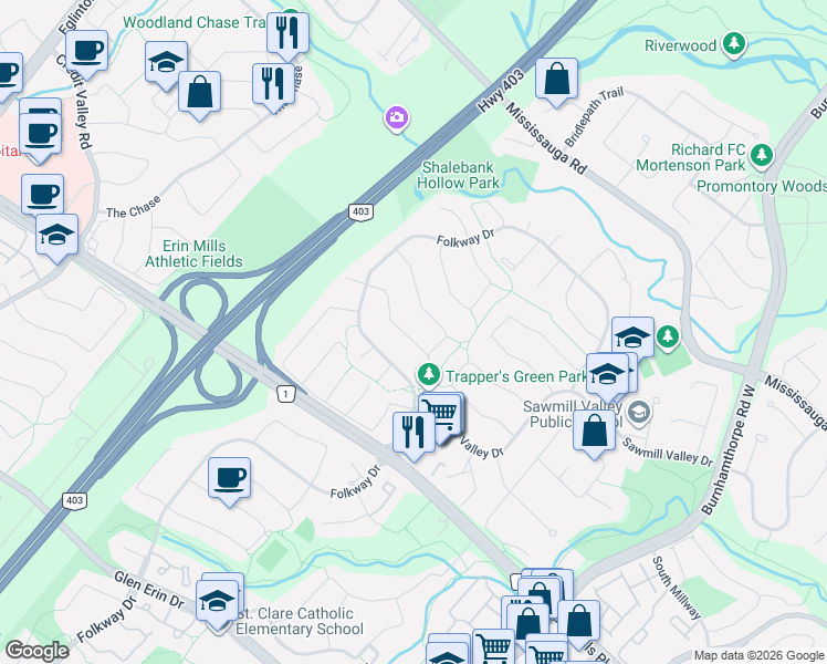 map of restaurants, bars, coffee shops, grocery stores, and more near 4181 Trapper Crescent in Mississauga