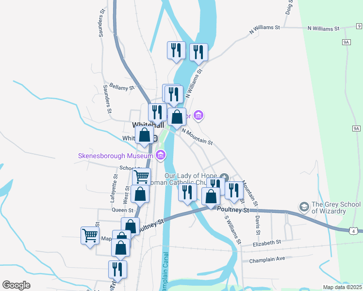 map of restaurants, bars, coffee shops, grocery stores, and more near 14-16 Williams Street in Whitehall
