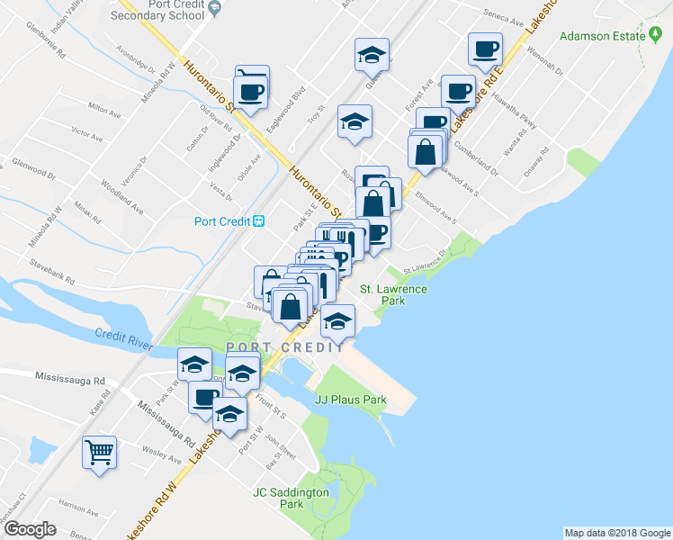map of restaurants, bars, coffee shops, grocery stores, and more near 114 Lakeshore Road East in Mississauga