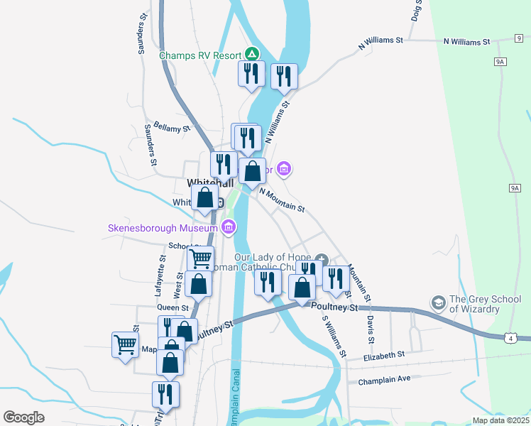 map of restaurants, bars, coffee shops, grocery stores, and more near 14-16 Williams Street in Whitehall