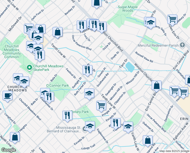 map of restaurants, bars, coffee shops, grocery stores, and more near 5456 Meadowcrest Avenue in Mississauga