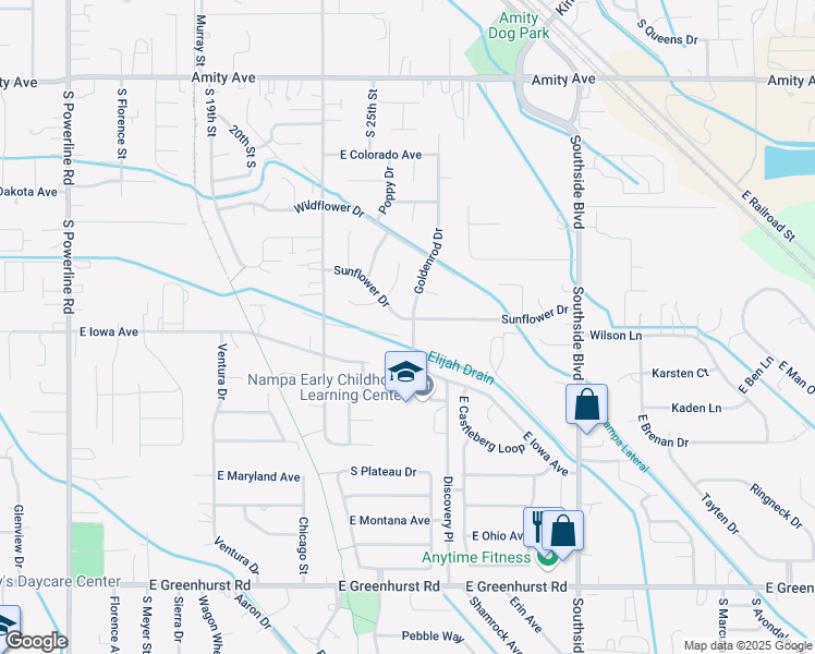 map of restaurants, bars, coffee shops, grocery stores, and more near 2525 Sunflower Drive in Nampa