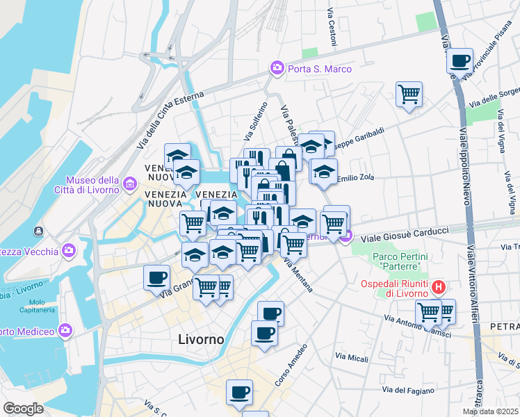map of restaurants, bars, coffee shops, grocery stores, and more near 24 Via Giuseppe Garibaldi in Livorno