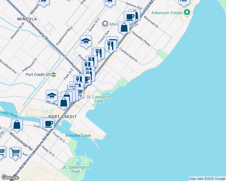 map of restaurants, bars, coffee shops, grocery stores, and more near Waterfront Trail in Mississauga