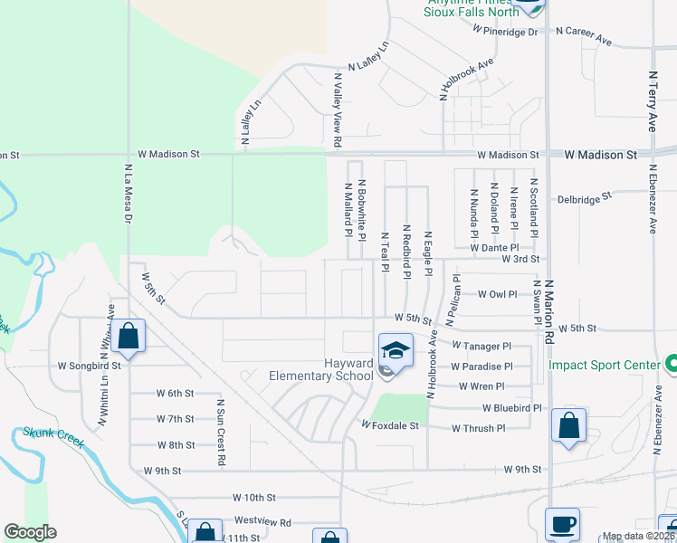 map of restaurants, bars, coffee shops, grocery stores, and more near 501-599 North Mallard Place in Sioux Falls