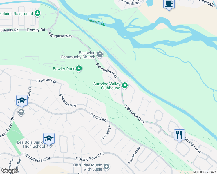 map of restaurants, bars, coffee shops, grocery stores, and more near 5281 South Hayseed Way in Boise