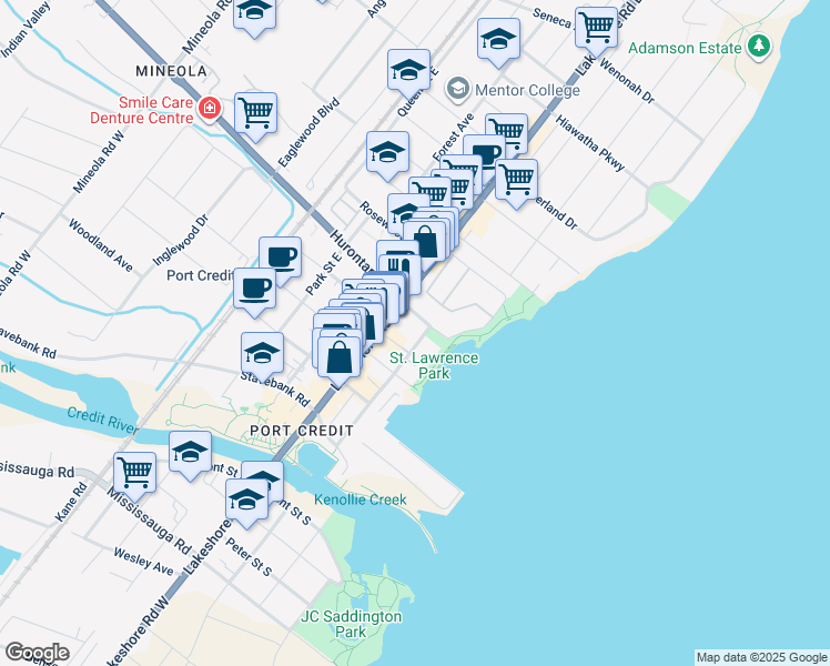 map of restaurants, bars, coffee shops, grocery stores, and more near 80 Port Street East in Mississauga
