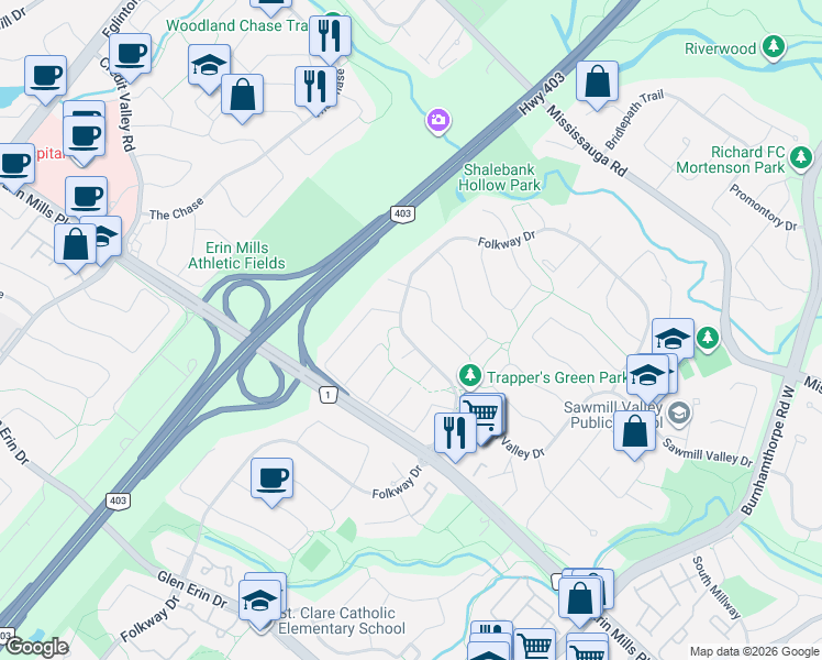map of restaurants, bars, coffee shops, grocery stores, and more near 2312 Folkway Drive in Mississauga