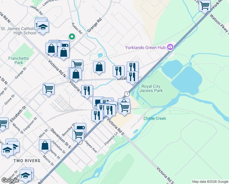 map of restaurants, bars, coffee shops, grocery stores, and more near 32 Wells Street in Guelph