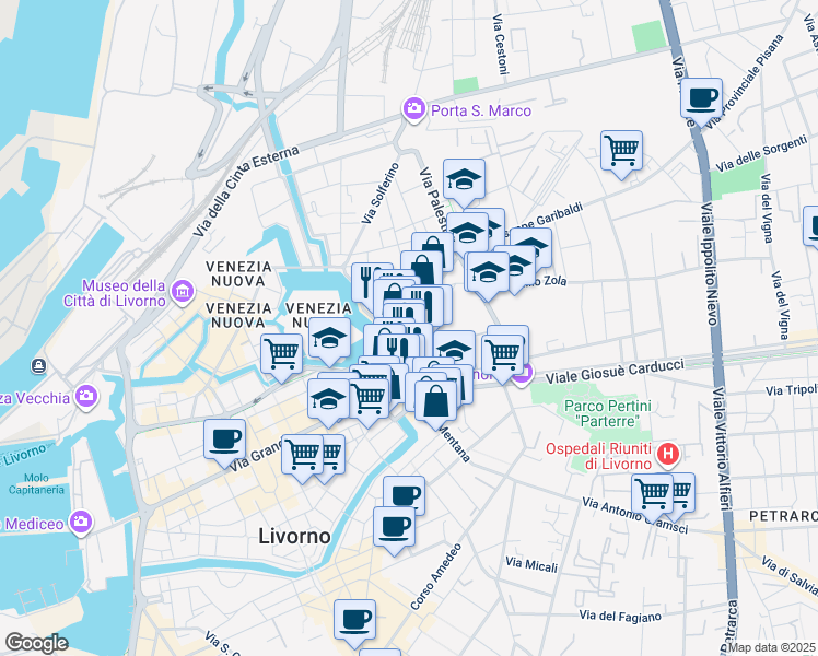 map of restaurants, bars, coffee shops, grocery stores, and more near 24 Via Giuseppe Garibaldi in Livorno