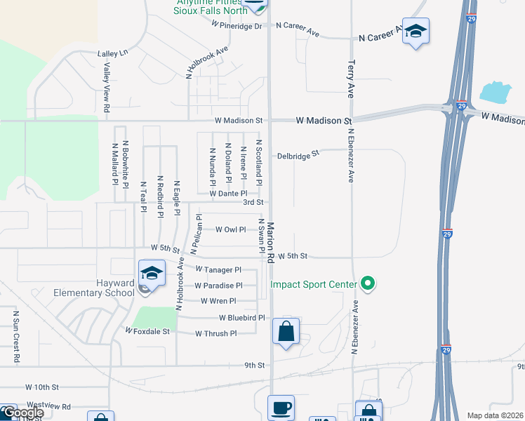 map of restaurants, bars, coffee shops, grocery stores, and more near 5601-5999 West Falcon Place in Sioux Falls