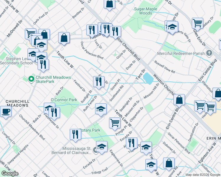 map of restaurants, bars, coffee shops, grocery stores, and more near in Mississauga