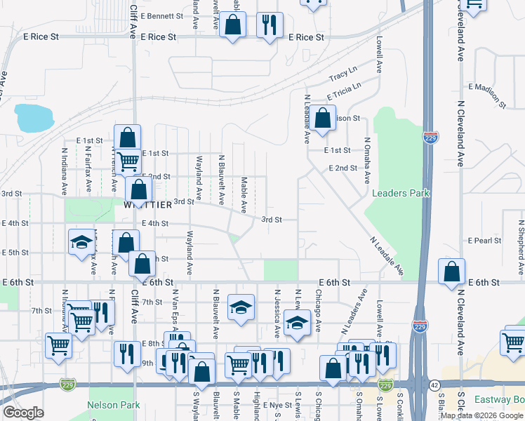map of restaurants, bars, coffee shops, grocery stores, and more near 1601-1699 East 3rd Street in Sioux Falls