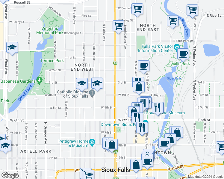 map of restaurants, bars, coffee shops, grocery stores, and more near 406 South 4th Avenue in Sioux Falls