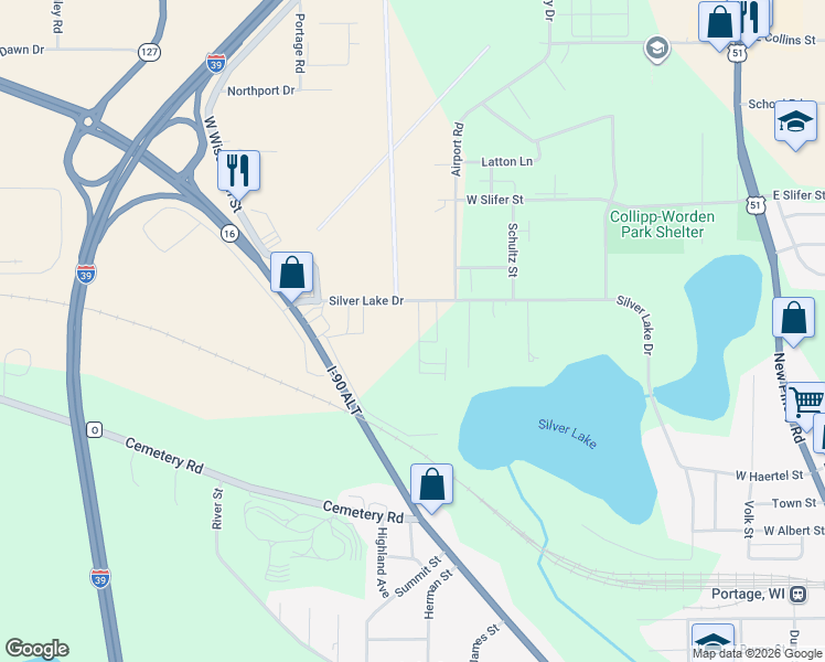 map of restaurants, bars, coffee shops, grocery stores, and more near 1030 Silver Lake Drive in Portage