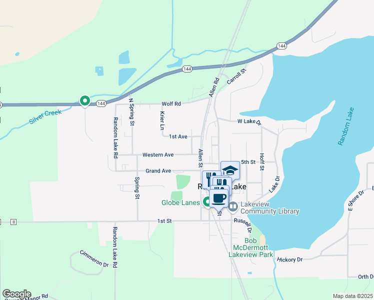 map of restaurants, bars, coffee shops, grocery stores, and more near 520 Western Avenue in Random Lake