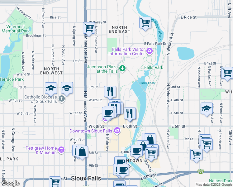 map of restaurants, bars, coffee shops, grocery stores, and more near 601 North Phillips Avenue in Sioux Falls