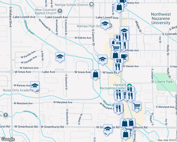 map of restaurants, bars, coffee shops, grocery stores, and more near 1436 South Edgewater Circle in Nampa