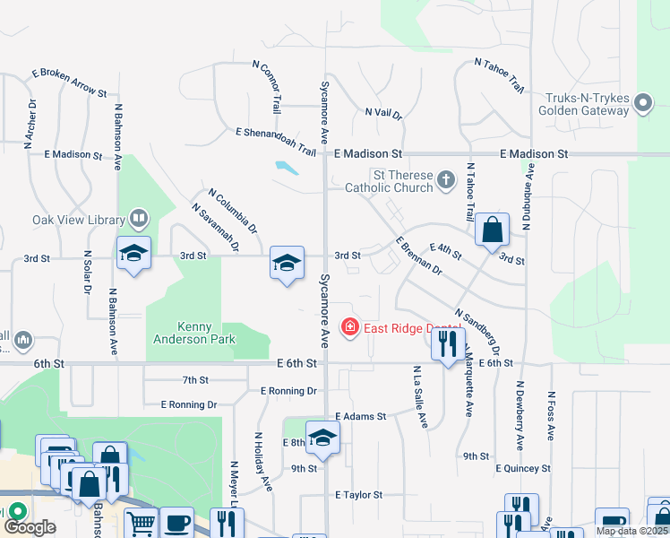 map of restaurants, bars, coffee shops, grocery stores, and more near 600 North Sycamore Avenue in Sioux Falls