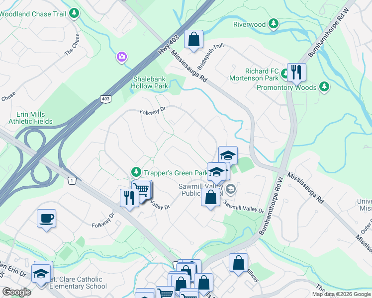 map of restaurants, bars, coffee shops, grocery stores, and more near 4085 Wheelwright Crescent in Mississauga