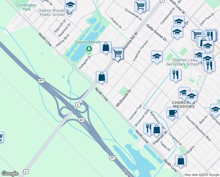 map of restaurants, bars, coffee shops, grocery stores, and more near 3943 Freeman Terrace in Mississauga