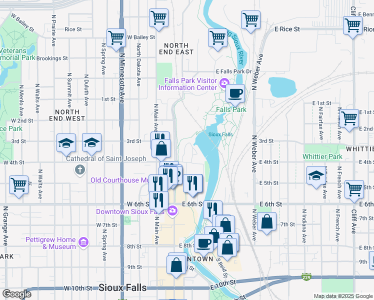 map of restaurants, bars, coffee shops, grocery stores, and more near 140 East 6th Street in Sioux Falls