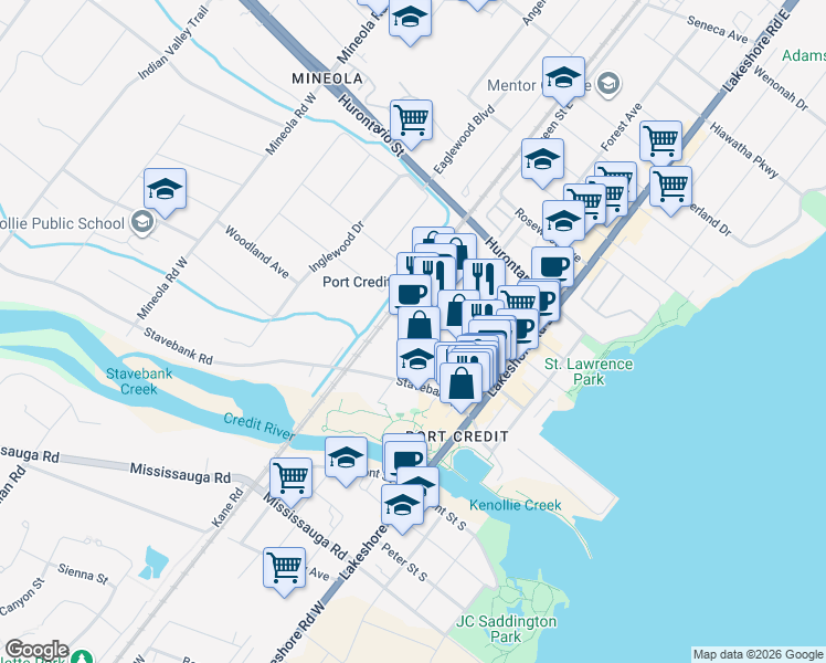 map of restaurants, bars, coffee shops, grocery stores, and more near 28 Elizabeth Street North in Mississauga