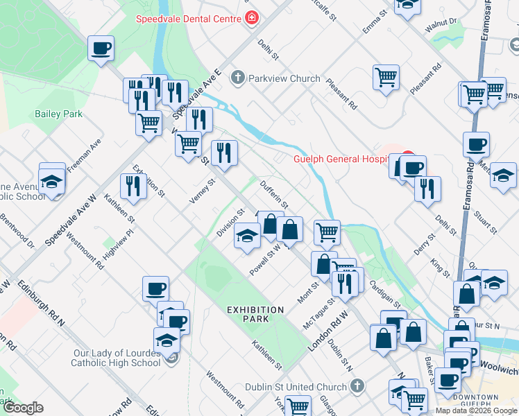 map of restaurants, bars, coffee shops, grocery stores, and more near 467 Woolwich Street in Guelph