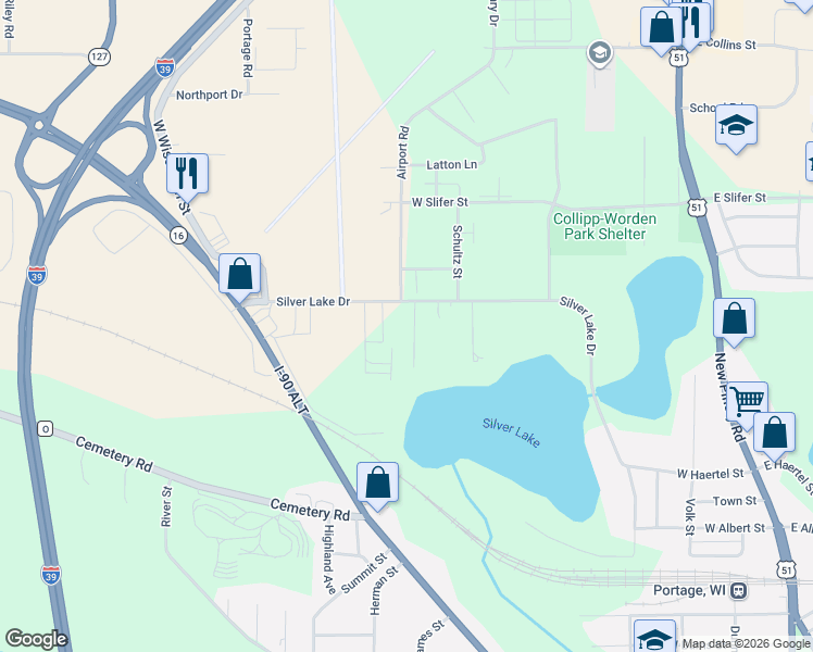 map of restaurants, bars, coffee shops, grocery stores, and more near 112 Lake Road in Portage