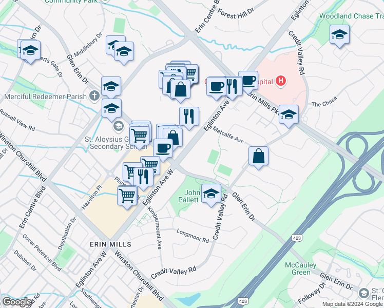map of restaurants, bars, coffee shops, grocery stores, and more near in Mississauga